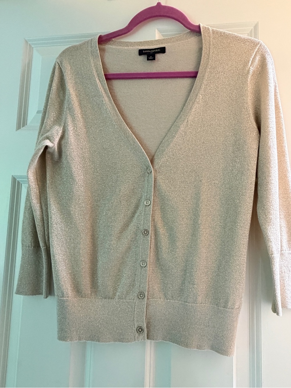 Banana Republic Metallic Cream V-Neck Button-Front Cardigan